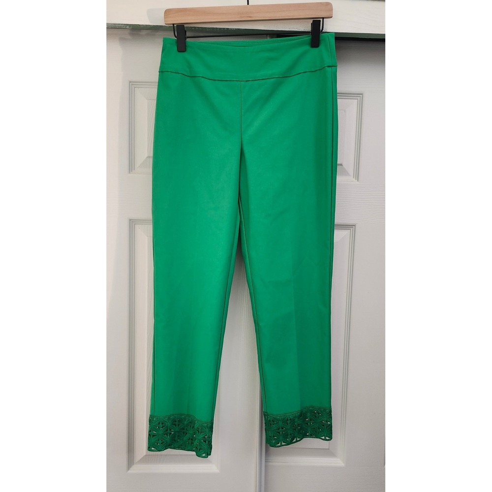 Joseph Ribkoff Green Cropped Eyelet Hem Pull On Pants Size 8 Made in Canada